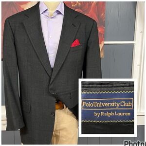Vintage Ralph Lauren Polo University Blazer Jacket Mens 44R Wool Dark Gray Plaid